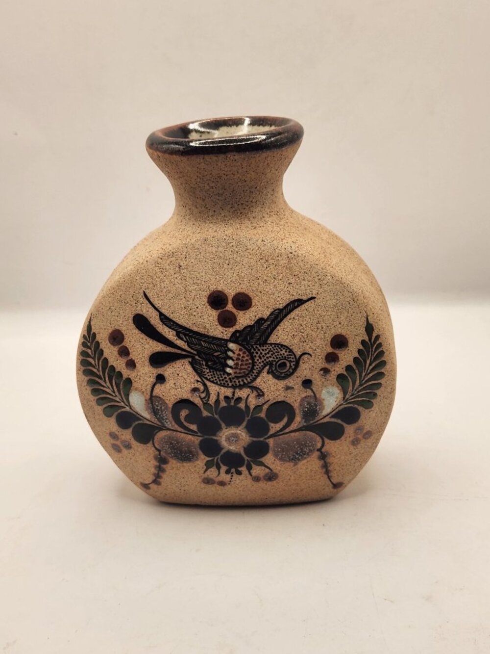 Tonala Pottery, Sandstone hand painted Bird and Floral design from Mexico Vase